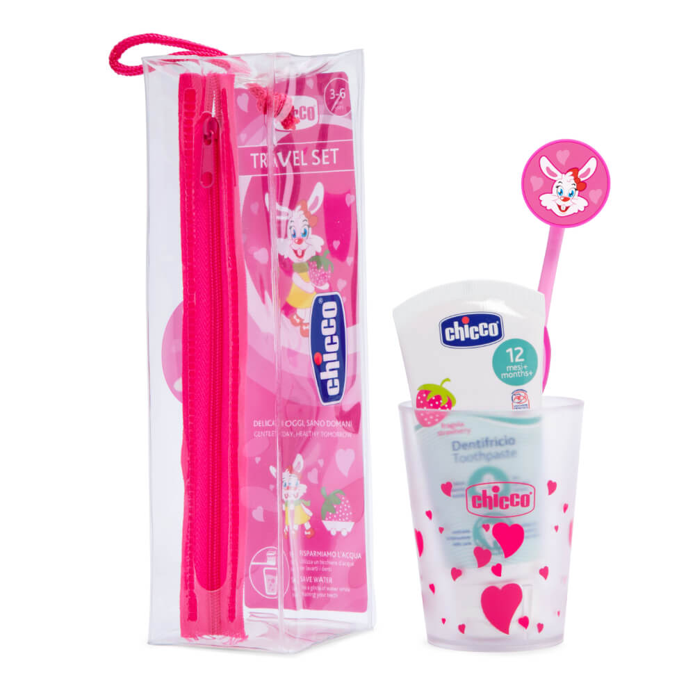 Chicco Set de Higiene Bucal para Niñas 3-6a: Pasta Dental Fresa 12m+ 50 ml  + Cepillo + Vaso + Bolsa - W2ME